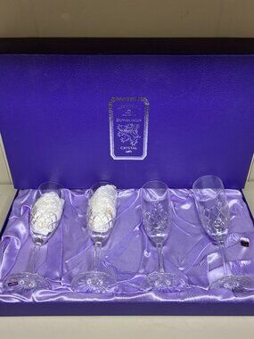 4 Vintage Edinburgh Crystal Tay Champagne Glasses Flutes Original Purple Box